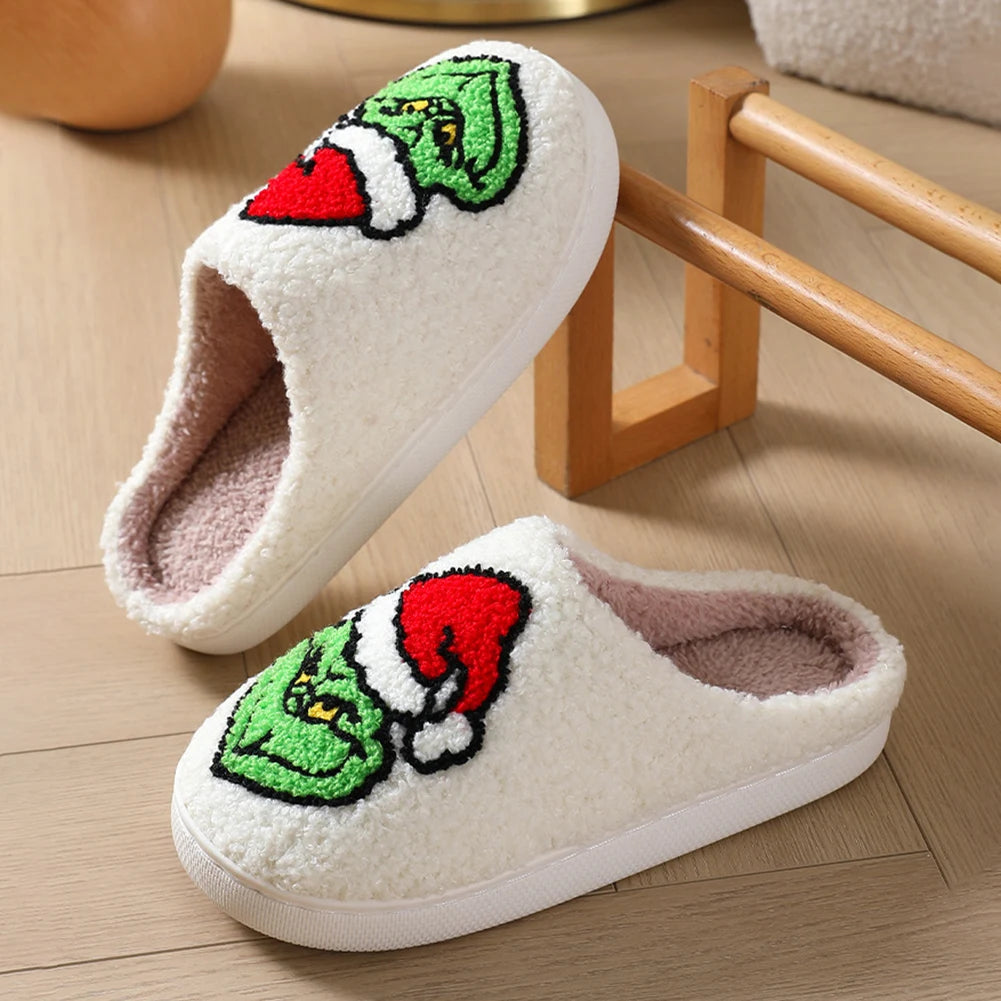 Grinch Flat Thermal Slippers Comfortable Fluffy Home Slippers for Indoor